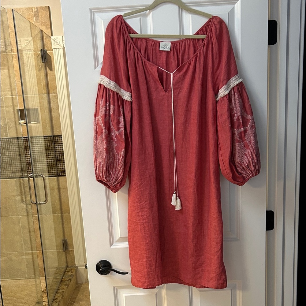 Chic Long Sleeve Linen Dress with Embroidered Sleeves